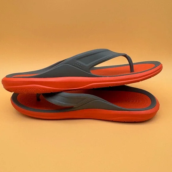 Crocs Mens Size‎ 12 Flip Flops Thong Sandals Orange Gray Comfort - Picture 10 of 10